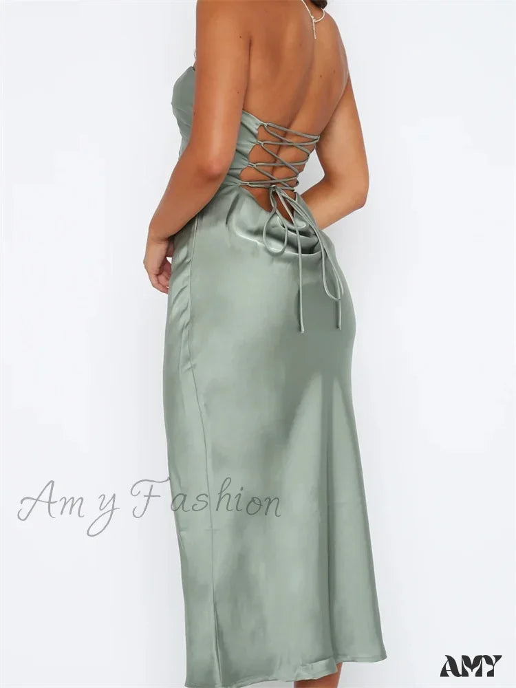 Amy Fashion - Women Sexy Strapless Backless Low Cut Off Shoulder Tube Party Satin Female Vestidos
