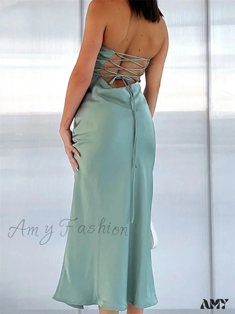 Amy Fashion - Women Sexy Strapless Backless Low Cut Off Shoulder Tube Party Satin Female Vestidos