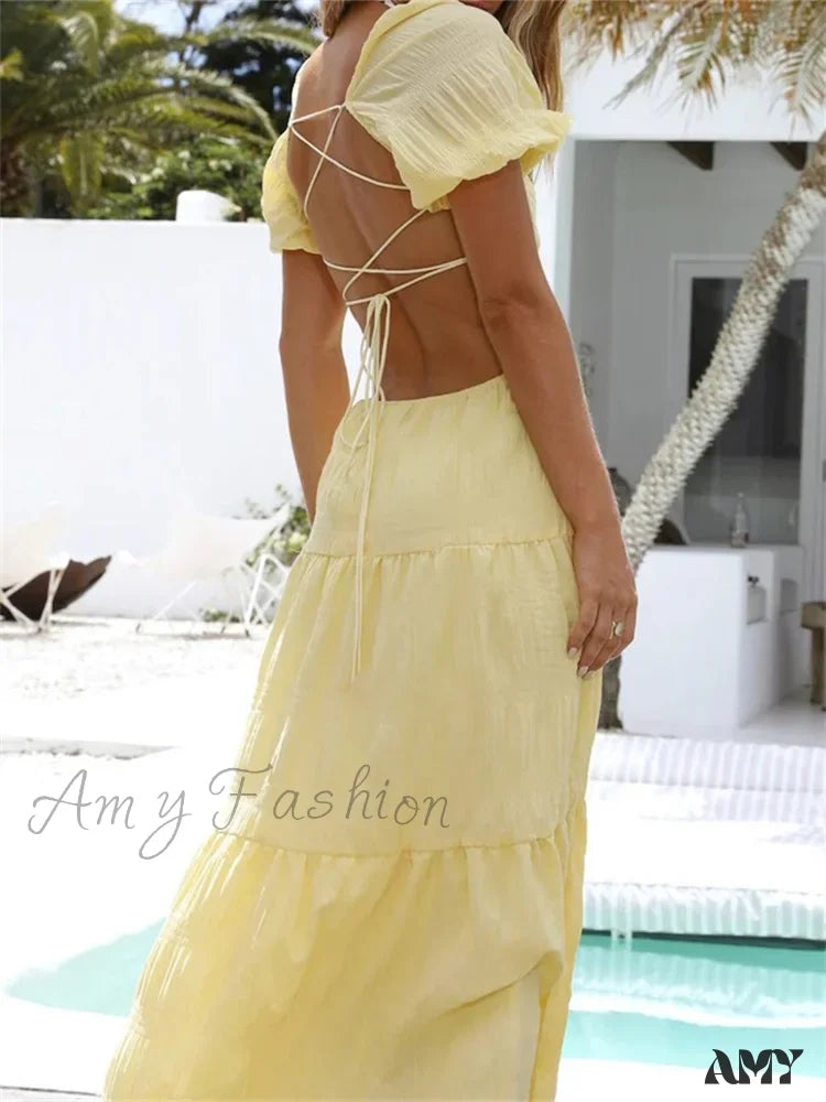 Amy Fashion - Women Short Puff Sleeve Summer Solid Criss-Cross Tie-Up Backless Holiday Beach Female