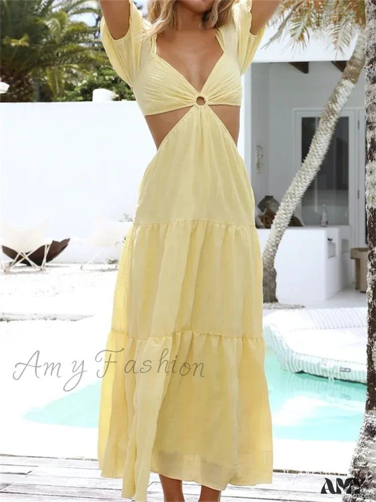 Amy Fashion - Women Short Puff Sleeve Summer Solid Criss-Cross Tie-Up Backless Holiday Beach Female