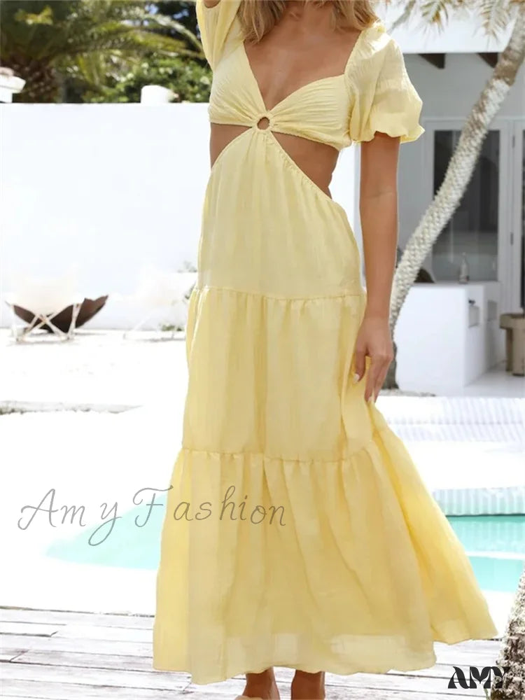 Amy Fashion - Women Short Puff Sleeve Summer Solid Criss-Cross Tie-Up Backless Holiday Beach Female