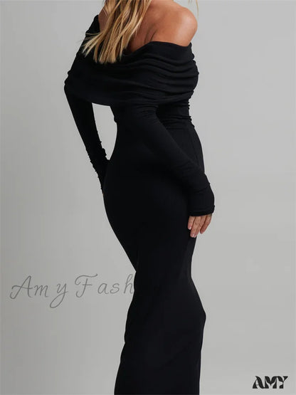 Amy Fashion - Women Slash Neck Off Shoulder Party Formal Spring Autumn Sleeve Slim Solid Female