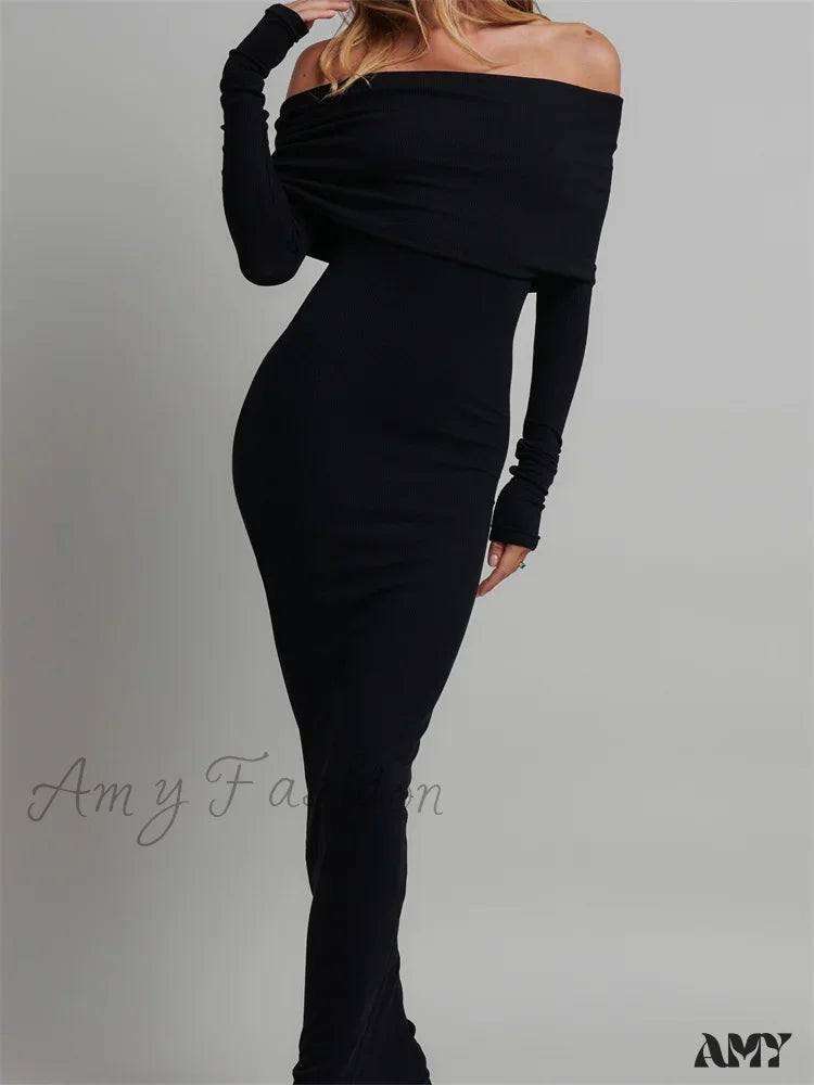 Amy Fashion - Women Slash Neck Off Shoulder Party Formal Spring Autumn Sleeve Slim Solid Female