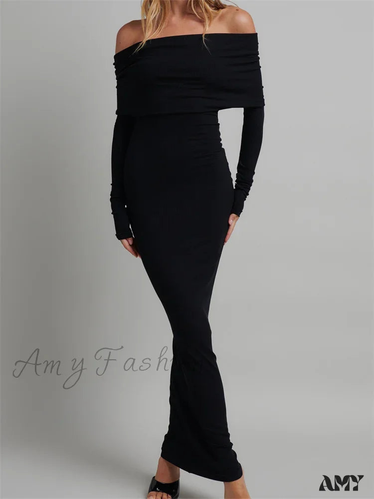 Amy Fashion - Women Slash Neck Off Shoulder Party Formal Spring Autumn Sleeve Slim Solid Female