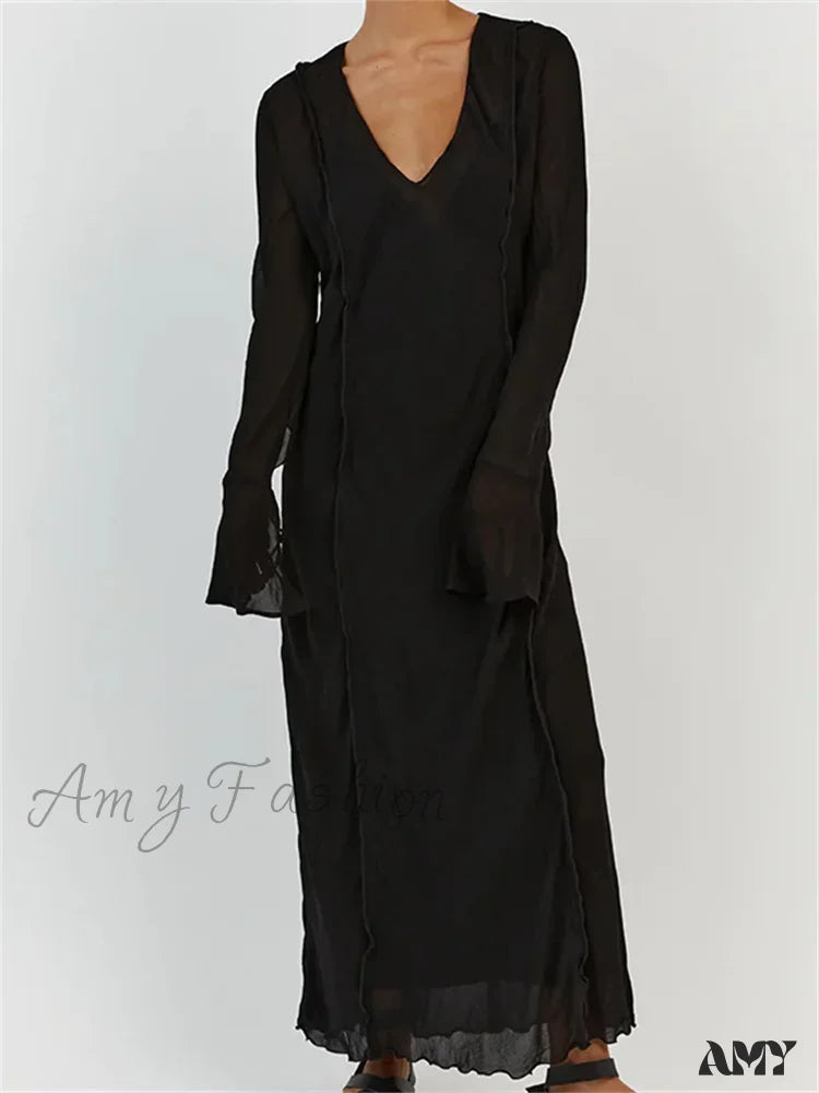 Amy Fashion - Women Sleeve Loose Casual V Neck Mesh See Through Party Beach Cocktail Club Vestidos