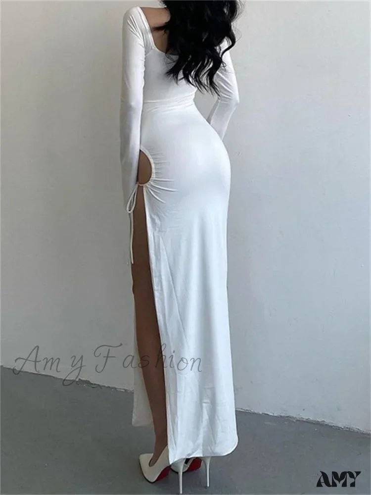 Amy Fashion - Women Sleeve Low-Cut Tie-Up Solid Color Slim Fit Cocktail Party High Split Female