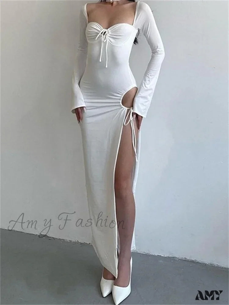 Amy Fashion - Women Sleeve Low-Cut Tie-Up Solid Color Slim Fit Cocktail Party High Split Female