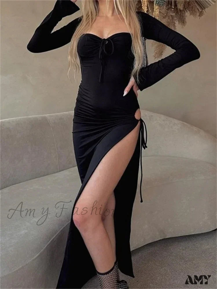 Amy Fashion - Women Sleeve Low-Cut Tie-Up Solid Color Slim Fit Cocktail Party High Split Female