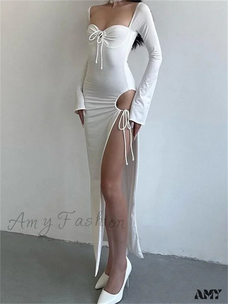 Amy Fashion - Women Sleeve Low-Cut Tie-Up Solid Color Slim Fit Cocktail Party High Split Female