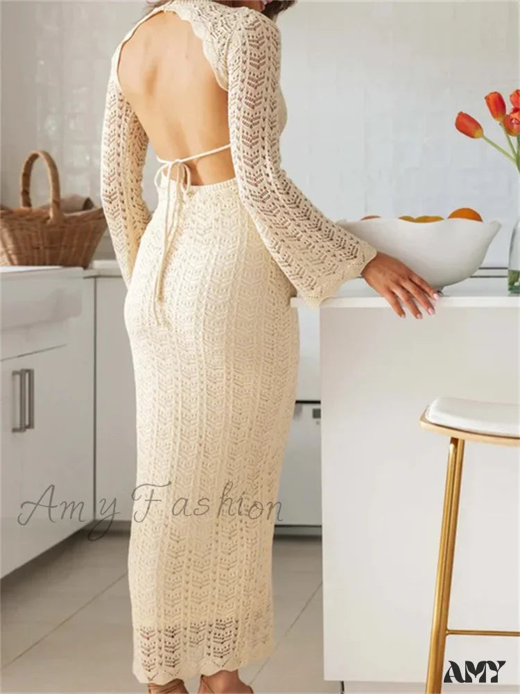 Amy Fashion - Women Sleeve Round Neck Backless Tie-Up Hollow Out Cocktail Spring Autumn Female