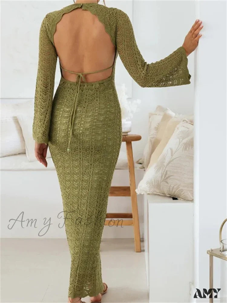 Amy Fashion - Women Sleeve Round Neck Backless Tie-Up Hollow Out Cocktail Spring Autumn Female