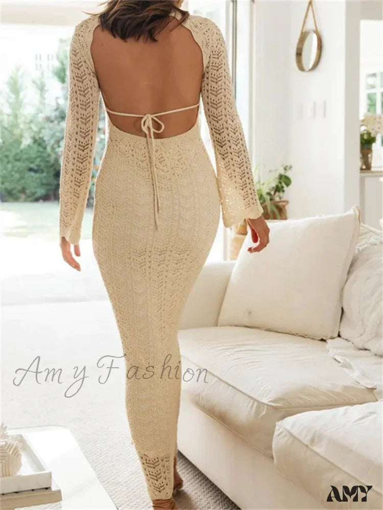 Amy Fashion - Women Sleeve Round Neck Backless Tie-Up Hollow Out Cocktail Spring Autumn Female