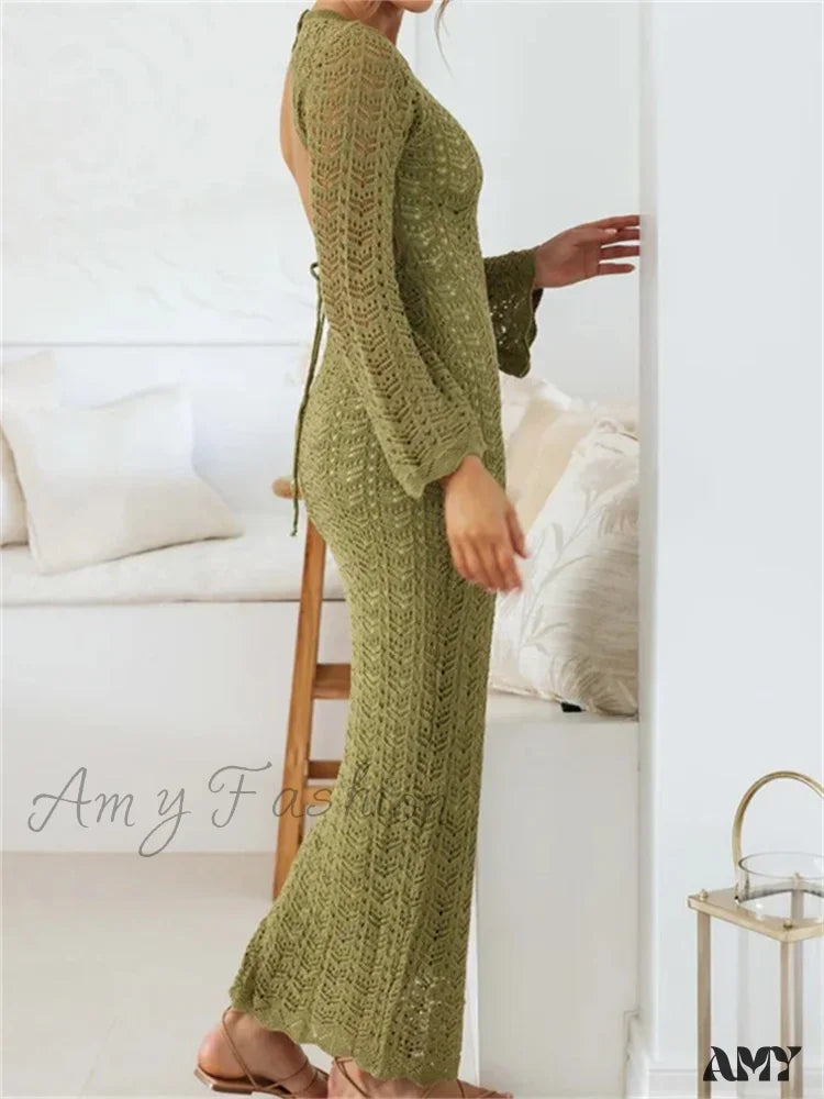 Amy Fashion - Women Sleeve Round Neck Backless Tie-Up Hollow Out Cocktail Spring Autumn Female