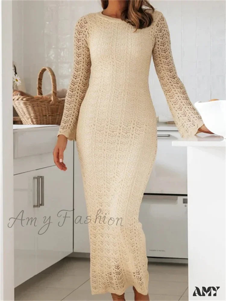 Amy Fashion - Women Sleeve Round Neck Backless Tie-Up Hollow Out Cocktail Spring Autumn Female