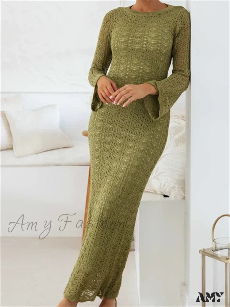 Amy Fashion - Women Sleeve Round Neck Backless Tie-Up Hollow Out Cocktail Spring Autumn Female