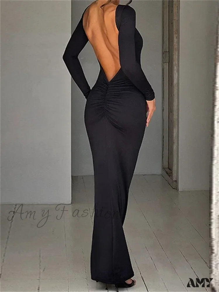 Amy Fashion - Women Sleeve Solid Color Round Neck Backless Ruched Spring Summer Party Female