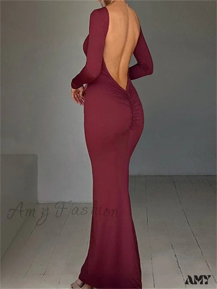 Amy Fashion - Women Sleeve Solid Color Round Neck Backless Ruched Spring Summer Party Female