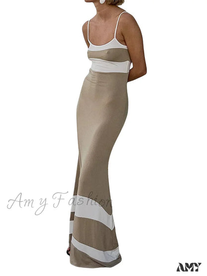 Amy Fashion - Women Sleeveless Contrast Color Patchwork Spaghetti Strap Skinny Female Club Party