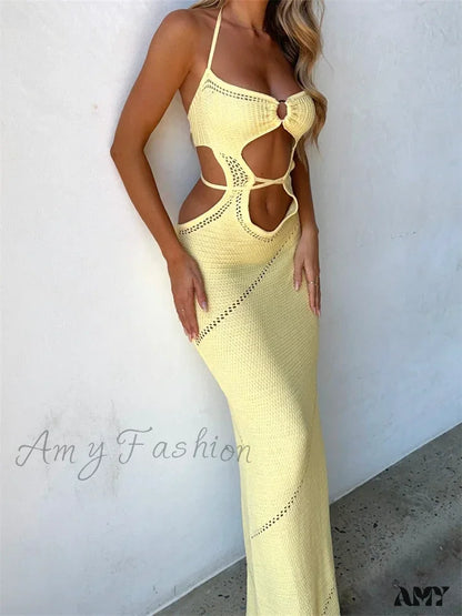 Amy Fashion - Women Sleeveless Halter Knitted Solid Color Front Cutout Backless Tie-Up Slim Beach