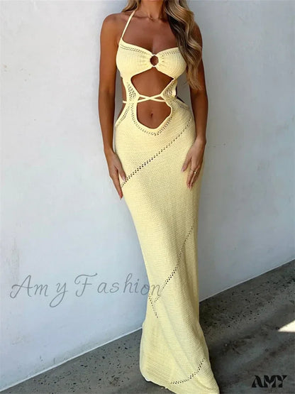 Amy Fashion - Women Sleeveless Halter Knitted Solid Color Front Cutout Backless Tie-Up Slim Beach