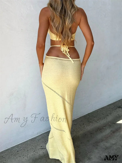 Amy Fashion - Women Sleeveless Halter Knitted Solid Color Front Cutout Backless Tie-Up Slim Beach