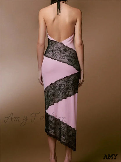 Amy Fashion - Women Sleeveless Halter Tie-Up Backless Lace Patchwork Slim Asymmetrical Hem Cocktail