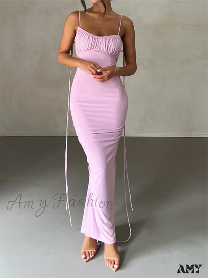 Amy Fashion - Women Sleeveless Lace-Up Strap Sling Summer Backless Ruched Party V-Neck Slim Fit