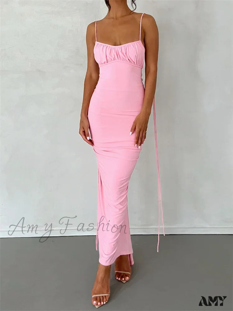 Amy Fashion - Women Sleeveless Lace-Up Strap Sling Summer Backless Ruched Party V-Neck Slim Fit