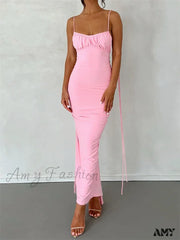 Amy Fashion - Women Sleeveless Lace-Up Strap Sling Summer Backless Ruched Party V-Neck Slim Fit
