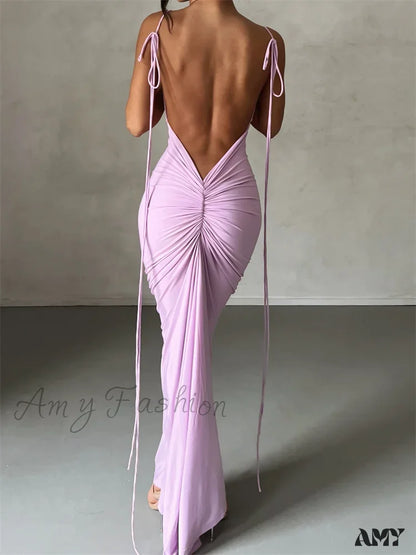 Amy Fashion - Women Sleeveless Lace-Up Strap Sling Summer Backless Ruched Party V-Neck Slim Fit