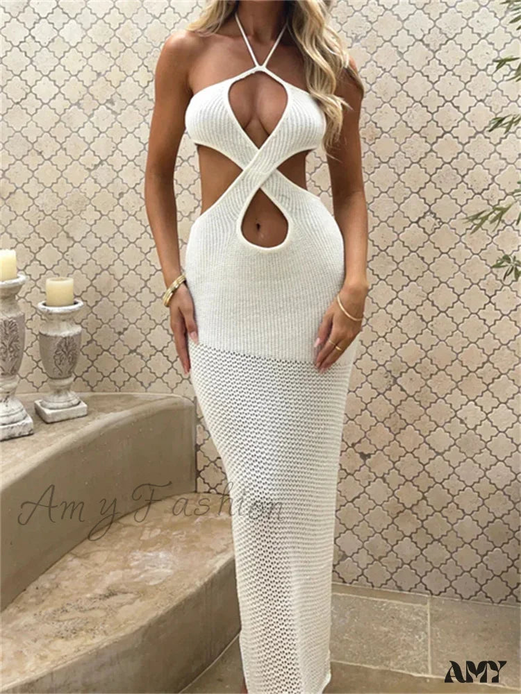 Amy Fashion - Women Sleeveless Off Shoulder Halter Cutout Backless Summer Party Beach Club Vestidos