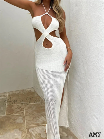 Amy Fashion - Women Sleeveless Off Shoulder Halter Cutout Backless Summer Party Beach Club Vestidos