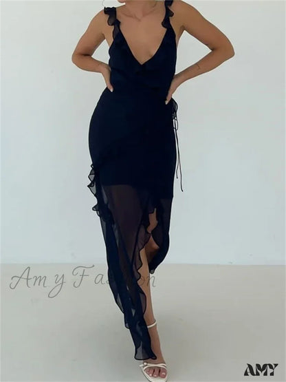 Amy Fashion - Women Sleeveless Ruffles Solid Color V Neck Casual High Split Party For Cocktail