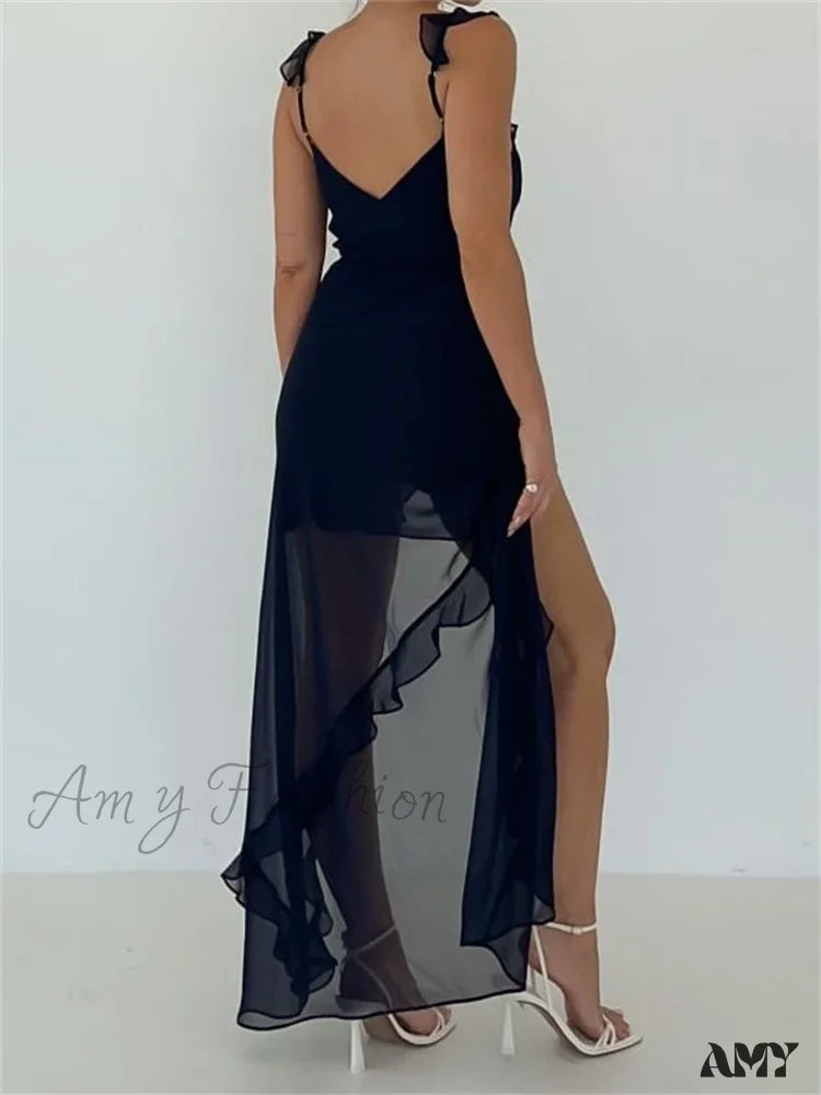 Amy Fashion - Women Sleeveless Ruffles Solid Color V Neck Casual High Split Party For Cocktail