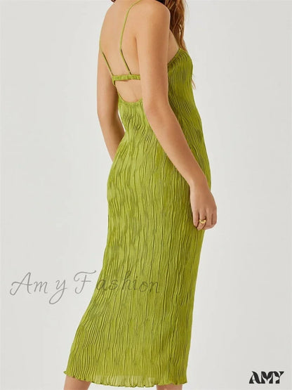 Amy Fashion - Women Sleeveless Spaghetti Strap Mid Solid Color Summer Backless Party Cocktail Beach