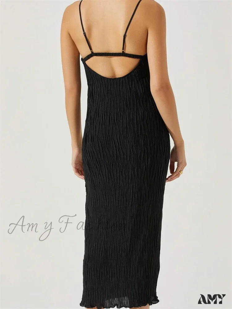 Amy Fashion - Women Sleeveless Spaghetti Strap Mid Solid Color Summer Backless Party Cocktail Beach