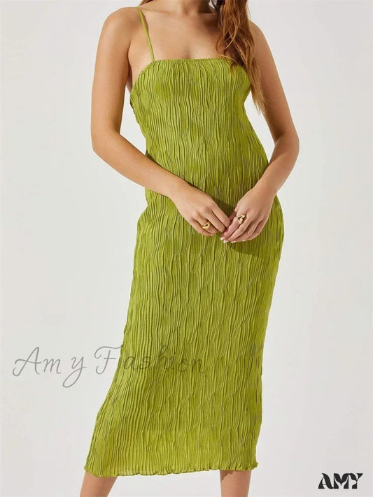 Amy Fashion - Women Sleeveless Spaghetti Strap Mid Solid Color Summer Backless Party Cocktail Beach