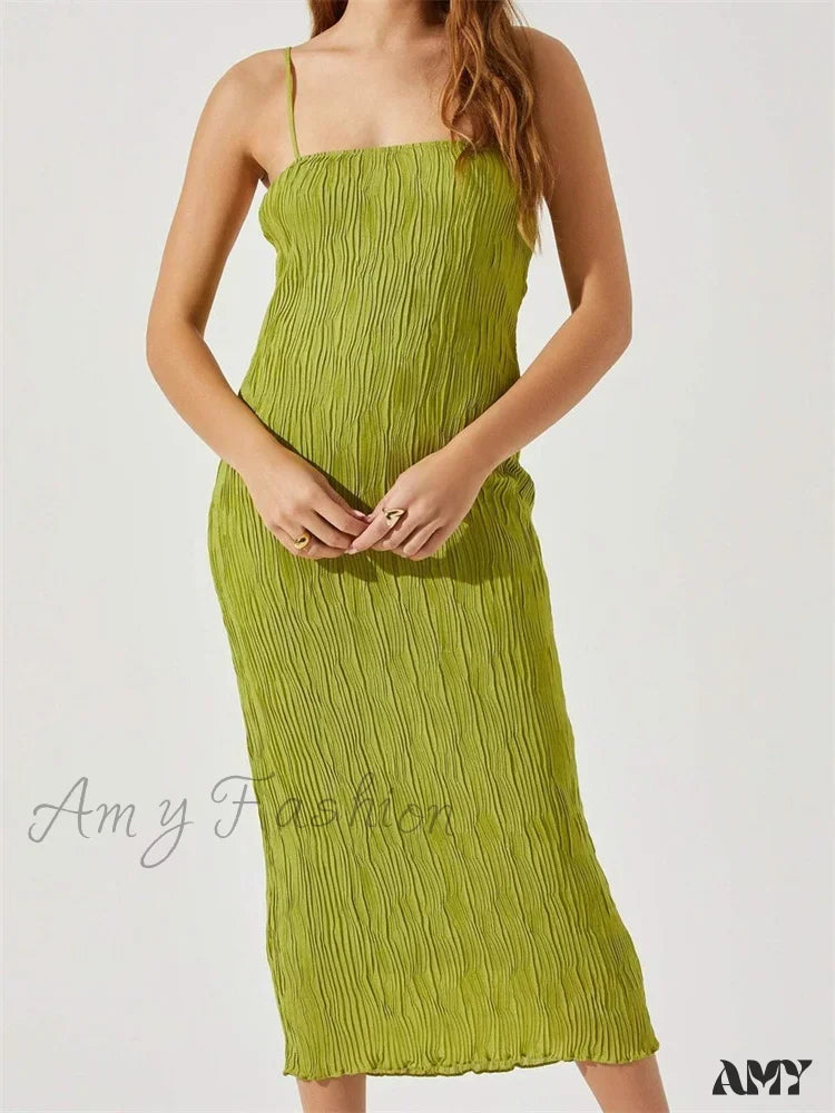 Amy Fashion - Women Sleeveless Spaghetti Strap Mid Solid Color Summer Backless Party Cocktail Beach