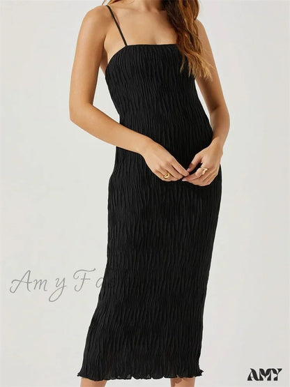 Amy Fashion - Women Sleeveless Spaghetti Strap Mid Solid Color Summer Backless Party Cocktail Beach