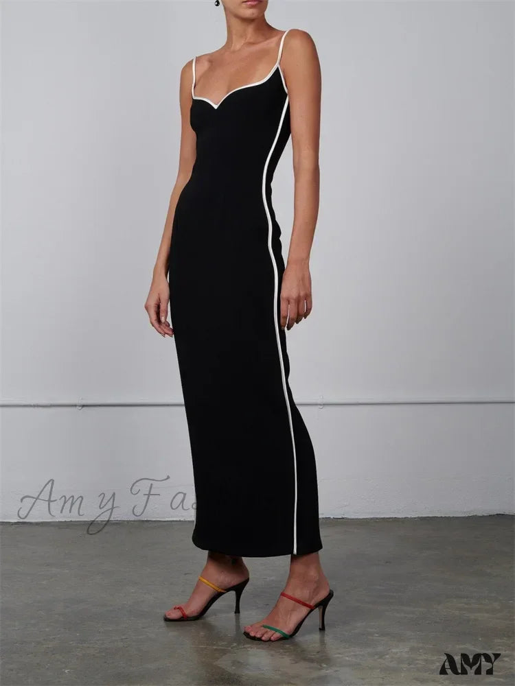 Amy Fashion - Women Sleeveless Strap Black Patchwork V-Neck Low Cut Slim Summer Party Back Split