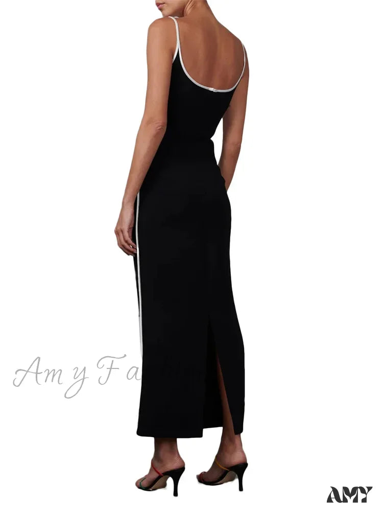 Amy Fashion - Women Sleeveless Strap Black Patchwork V-Neck Low Cut Slim Summer Party Back Split