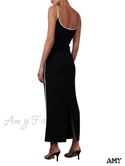 Amy Fashion - Women Sleeveless Strap Black Patchwork V-Neck Low Cut Slim Summer Party Back Split