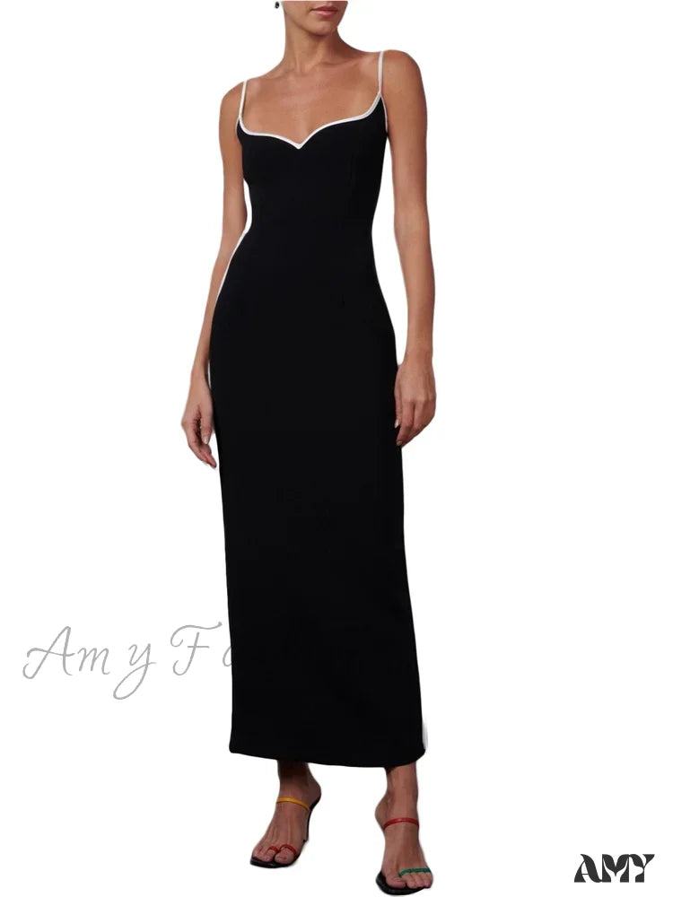 Amy Fashion - Women Sleeveless Strap Black Patchwork V-Neck Low Cut Slim Summer Party Back Split