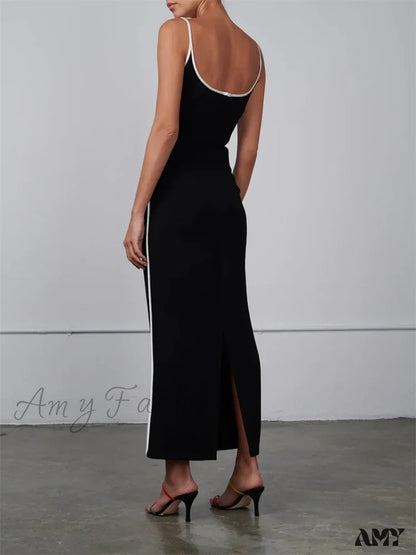 Amy Fashion - Women Sleeveless Strap Black Patchwork V-Neck Low Cut Slim Summer Party Back Split