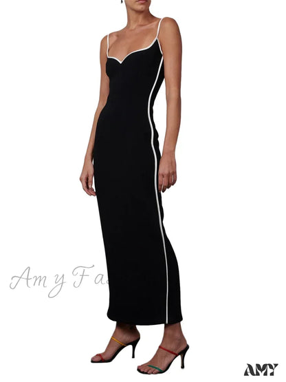 Amy Fashion - Women Sleeveless Strap Black Patchwork V-Neck Low Cut Slim Summer Party Back Split