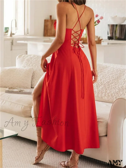 Amy Fashion - Women Sleeveless Strap Ruched Tie-Up Backless Criss-Cross Hollow Out High Split Party