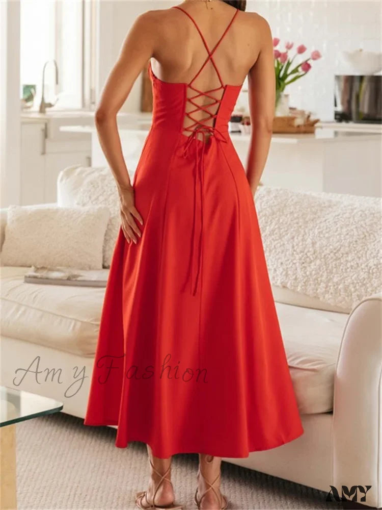 Amy Fashion - Women Sleeveless Strap Ruched Tie-Up Backless Criss-Cross Hollow Out High Split Party