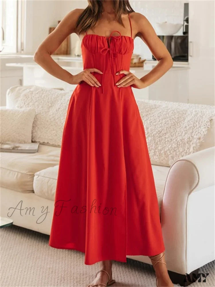 Amy Fashion - Women Sleeveless Strap Ruched Tie-Up Backless Criss-Cross Hollow Out High Split Party