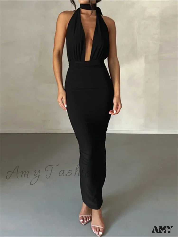 Amy Fashion - Women Sleeveless Strap Solid Color Deep V-Neck Backless High Split Summer Party