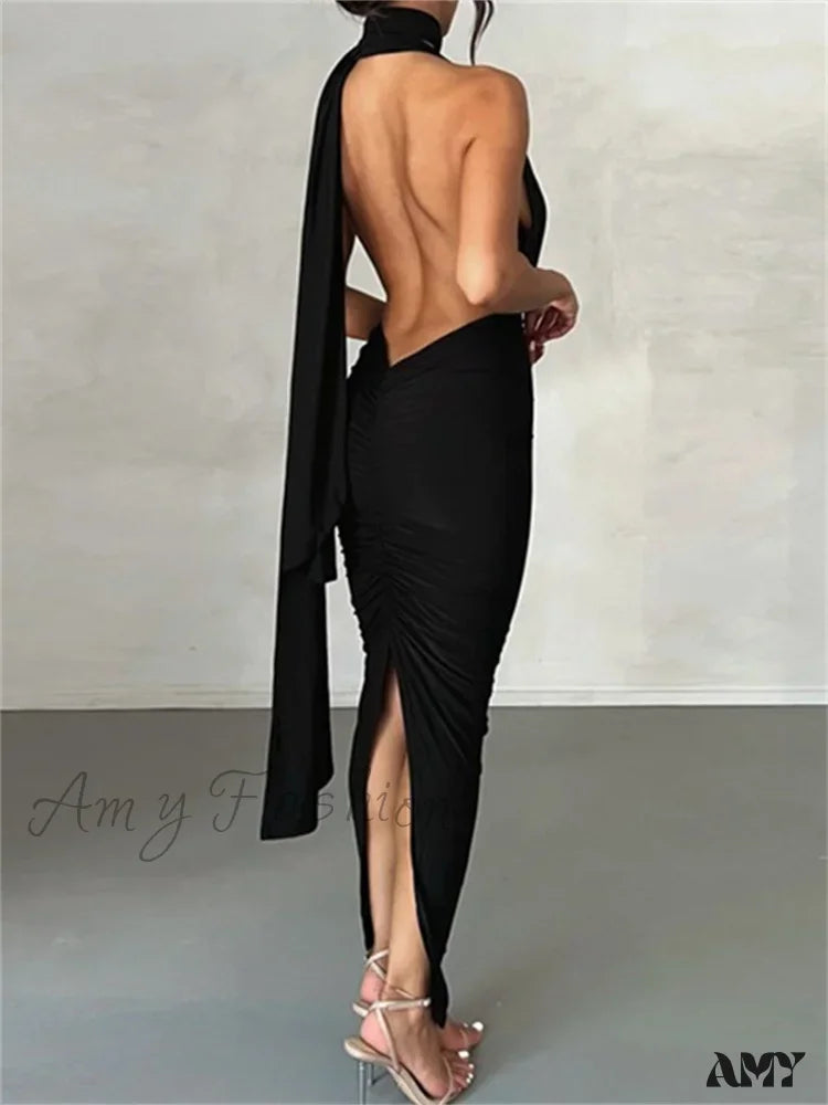 Amy Fashion - Women Sleeveless Strap Solid Color Deep V-Neck Backless High Split Summer Party